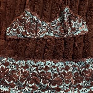 Lace Bralette and Brief Set in Teal and Brown